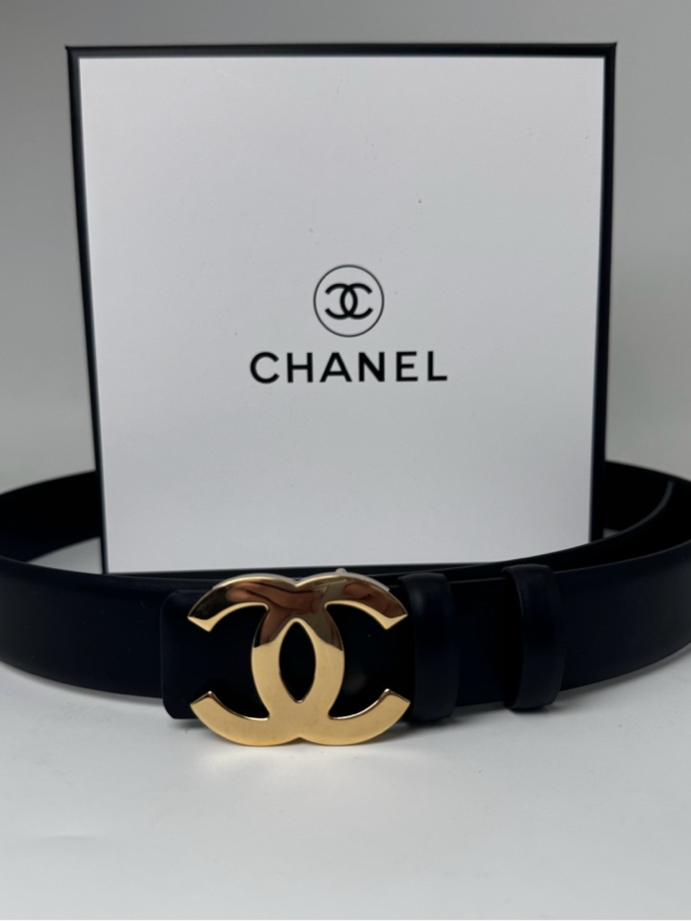 CHANEL Black Belt with Gold CC Logo Buckle